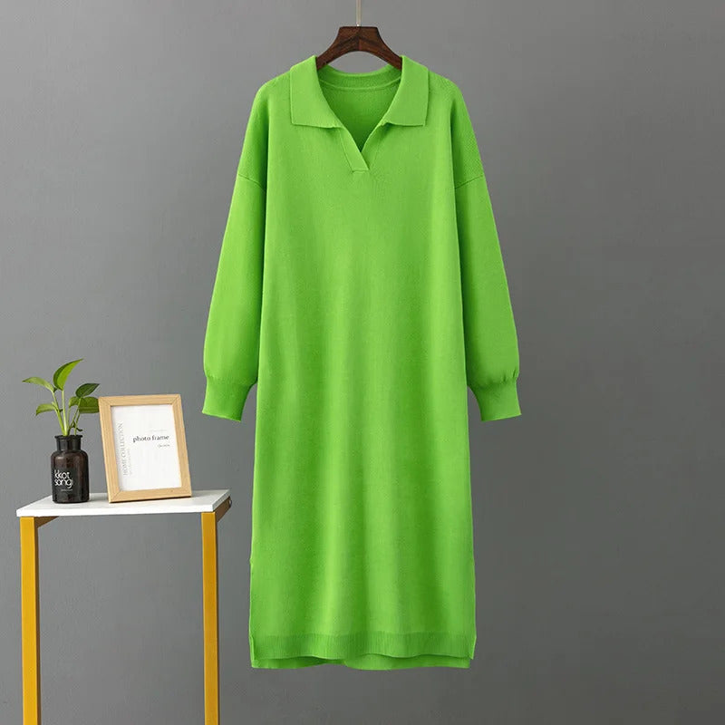 HLBCBG New Straight Autumn Winter Long Sweater Dress Women Split Side Long POLO Neck Maix Sweater Dress Female Basic Loose Dress