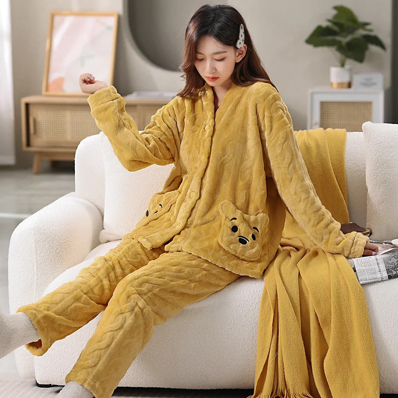 Thickened Warm Coral Velvet Pajamas Women's Autumn and Winter Padded Cartoon Bear Striped Flannel School Pajamas Winter Homewear