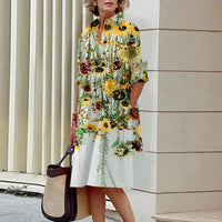 Floral Pattern Shirt Dress Elegant Women's Summer Casual Lapel Long Sleeve Midi Dress High Temperament Fashion Street Shirt