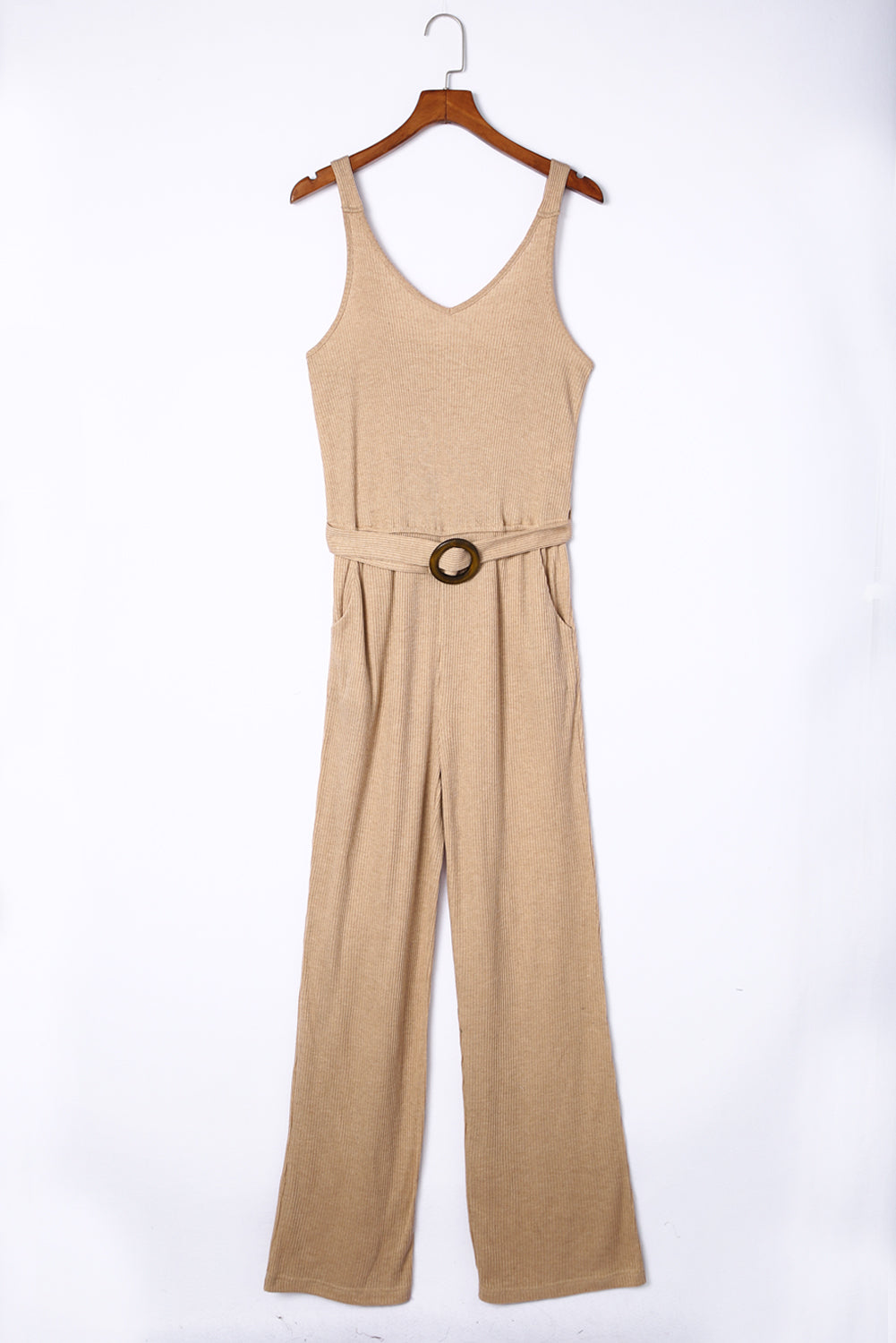 Apricot Casual Sleeveless Buckle Sash Knit Jumpsuit