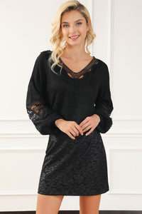 Black Hollowed Lace Splicing V Neck Loose Sweater