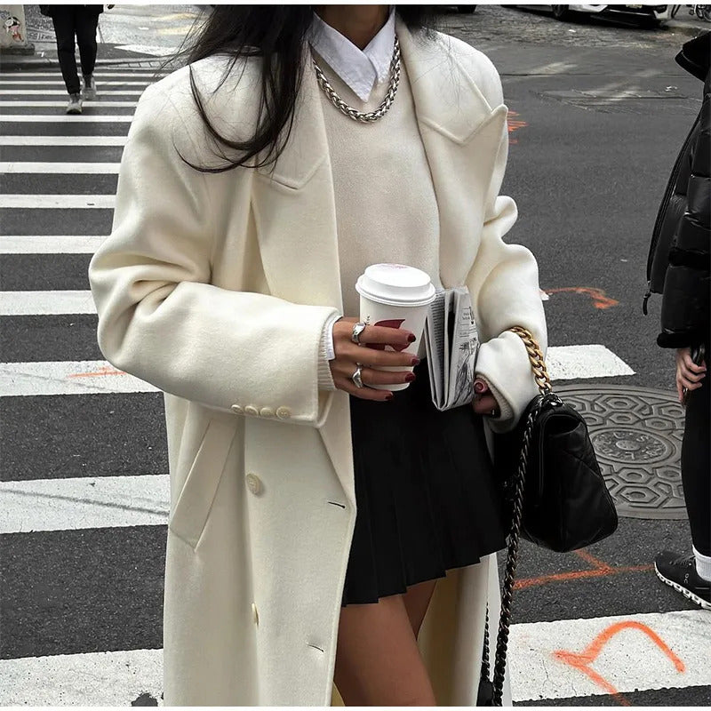 Fashion Oversize Lapel Extra Long Woolen Overcoat Women's Double Breasted Solid Cropped Overgarment 2024 Lady Commute Streetwear