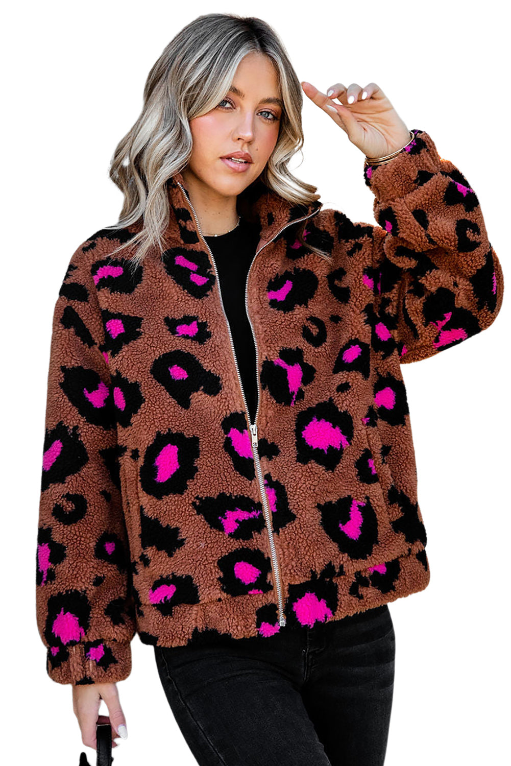 Leopard Zip Up Stand Collar Sherpa Teddy Jacket