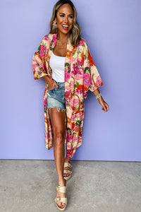 Pink Floral Allover Print Open Front Belted Duster Kimono