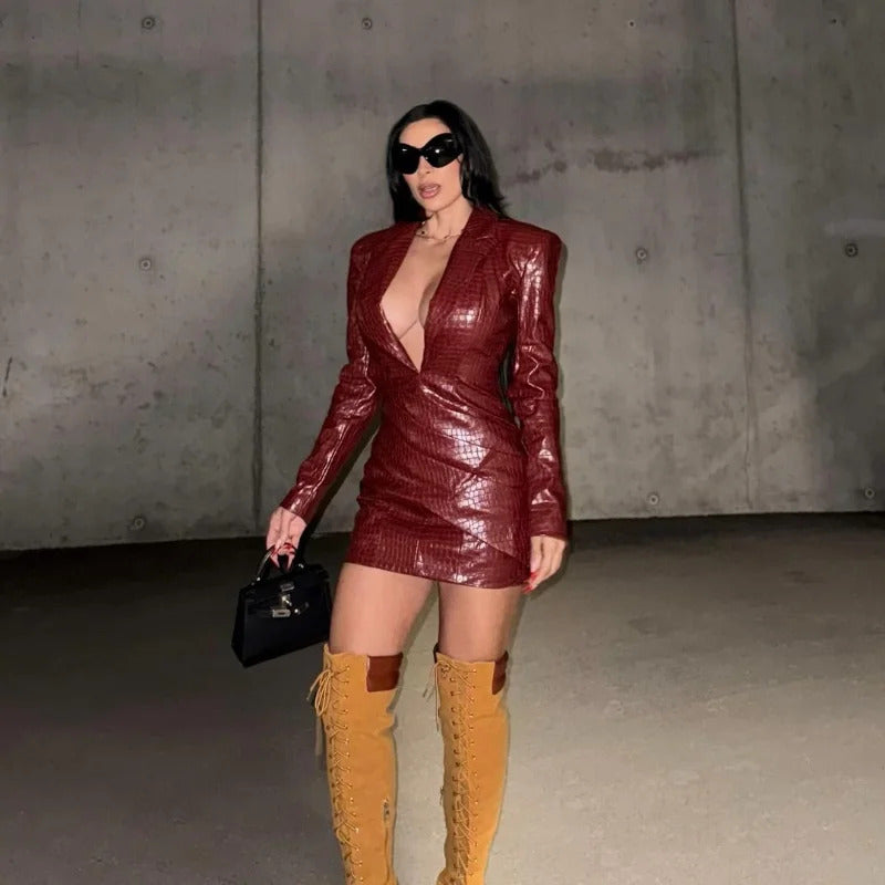 Women Sexy Deep V Red Lattice Leather Mini Dress Fashion Long Sleeve High Waist Fold Slim Dresses Lady New Highstreet Short Robe