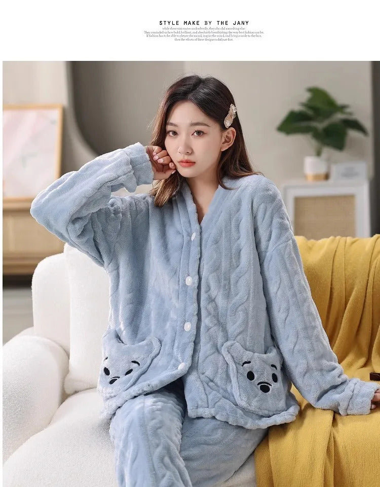 Thickened Warm Coral Velvet Pajamas Women's Autumn and Winter Padded Cartoon Bear Striped Flannel School Pajamas Winter Homewear