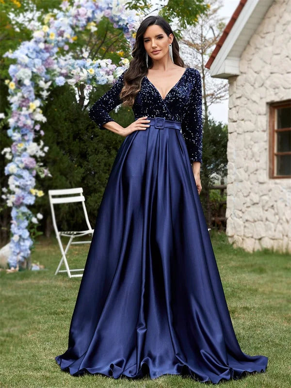 Lucyinlove Luxury Long Sleeve V-Neck Satin Formal Evening Dress 2024 Elegant Wedding Party Sequins Women Prom Cocktail Dresses