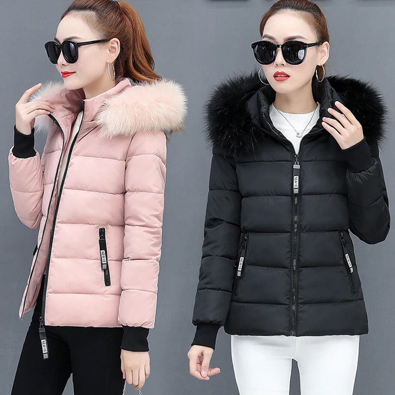 Zipper Fur Hooded Short Down Cotton Jacket Thickened Coat Fall Winter Casual Elegant Long Sleeve Warm Pockets Women Clothing New