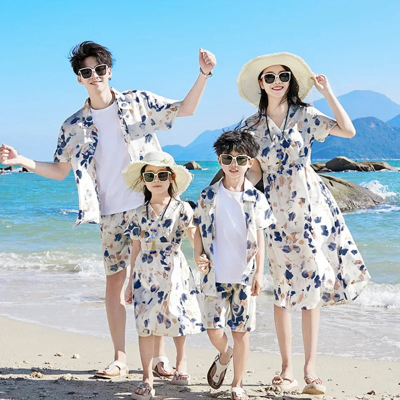 2024 Summer Holiday Family Vacation Look Clothes Dad and Son Shirts Two Piece Outfits Sets Mom and Daughter Short Sleeve Dress