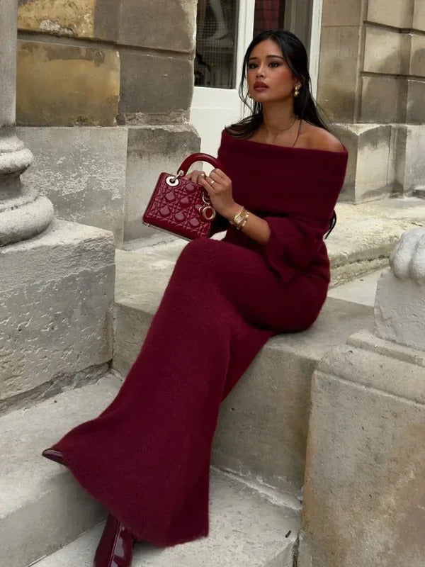 Women Burgundy Knitted Long Sweater Fashion Off-the-shoulder Pullover Long Dress Fall Winter Female Party Commuter Outfit