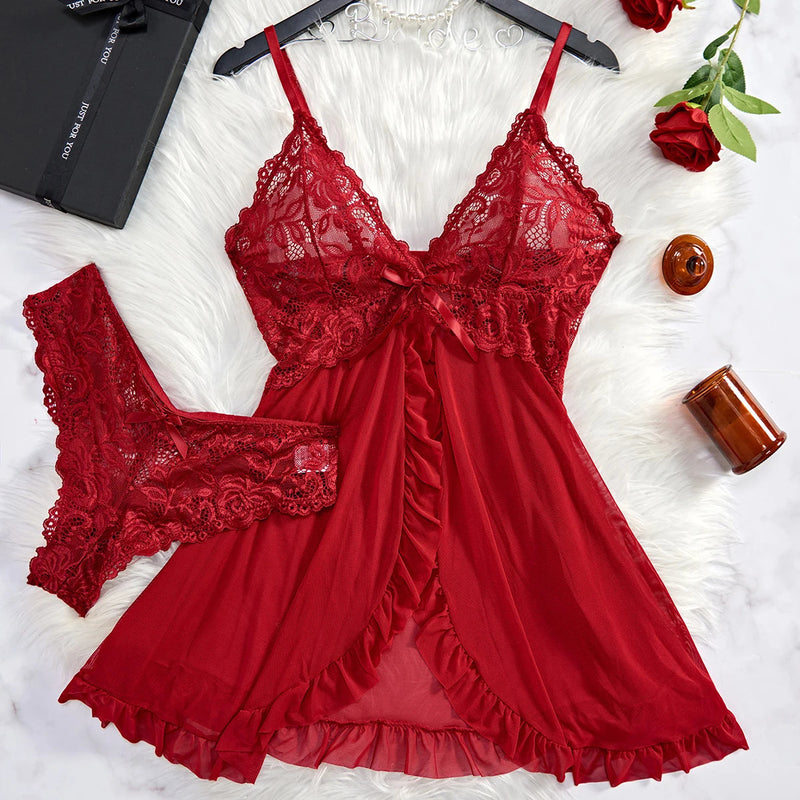 Women Nightdress Sexy Lace Chemise Bow Nightgown Sleepwear Mini Dress Plus Size Deep V Babydoll Lingerie Sexi Sleepdress Nighty