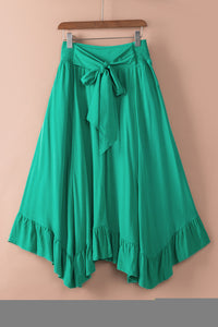 Green Asymmetric Flounce Belted High Waist Maxi Skirts