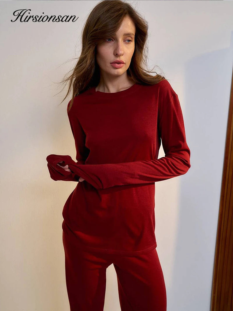 Hirsionsan 2024 Modal Soft Loose Sets Women 2024 Casual Two Pieces Long Sleeve T Shirts and High Waist Dresses Outfits Tracksuit