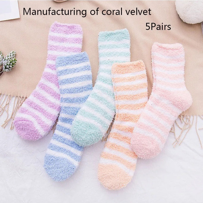 5 Pairs Women's Autumn and Winter Striped Coral Fleece Sleep Socks Thickened Warm Mid-Calf Home Socks Simple Floor Socks