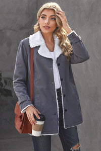 Green Gray Lapel Collar Button Fleece Jacket