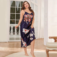 Fat and plus size ice silk sleepwear fashionable casual sleepwear imitation silk sexy printed suspender nightgown