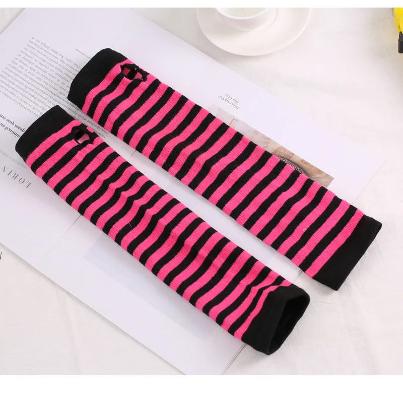 Winter Fashion Striped Arm Warmers Knitted Female Wrist Hand Warmer Pure Color Long Fingerless Gloves Mitten Women Sleeves