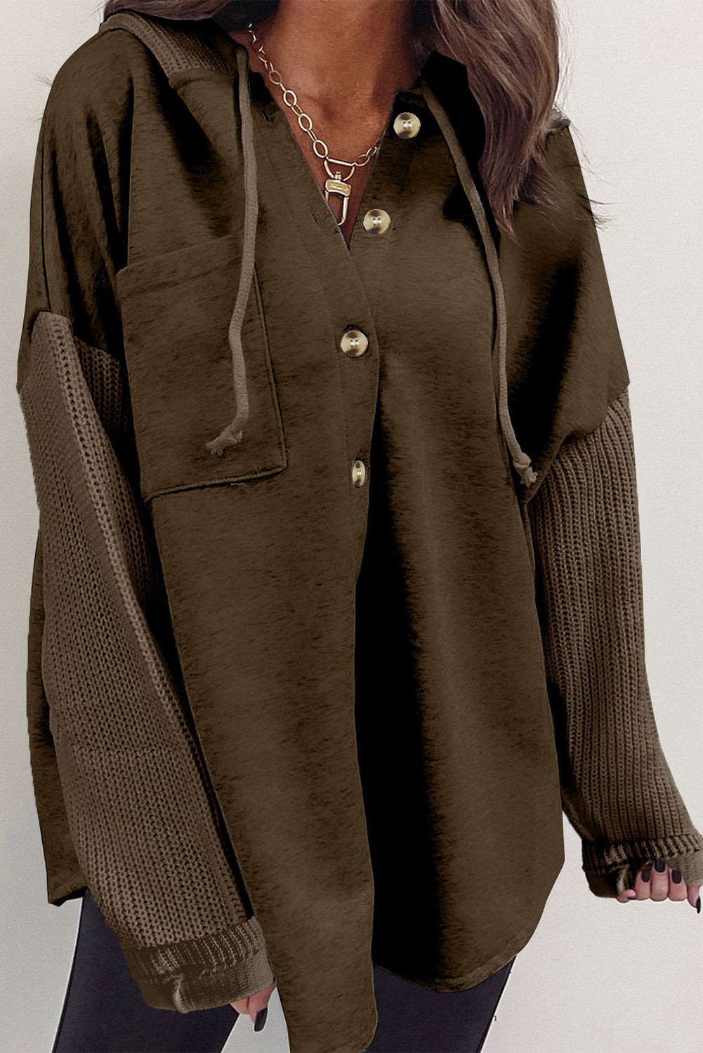 Brown Button Up Contrast Knitted Sleeves Hooded Jacket