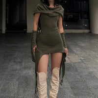 SUCHCUTE Irregular Hoodies Streetwear Knitted Short Dresses Chic Womens Sleeveless Backless Slim Grunge Green Mini Dress Holiday