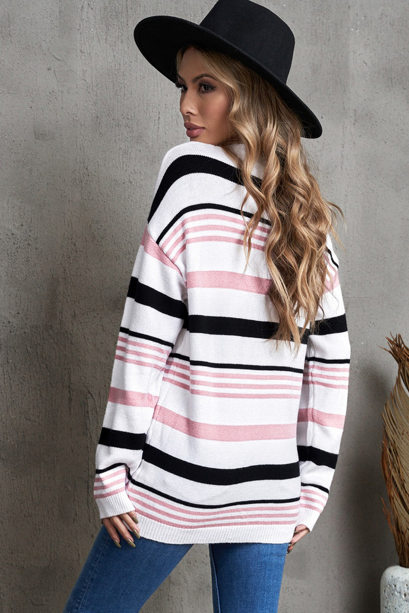 Pink Striped Crewneck Long Sleeve Sweater