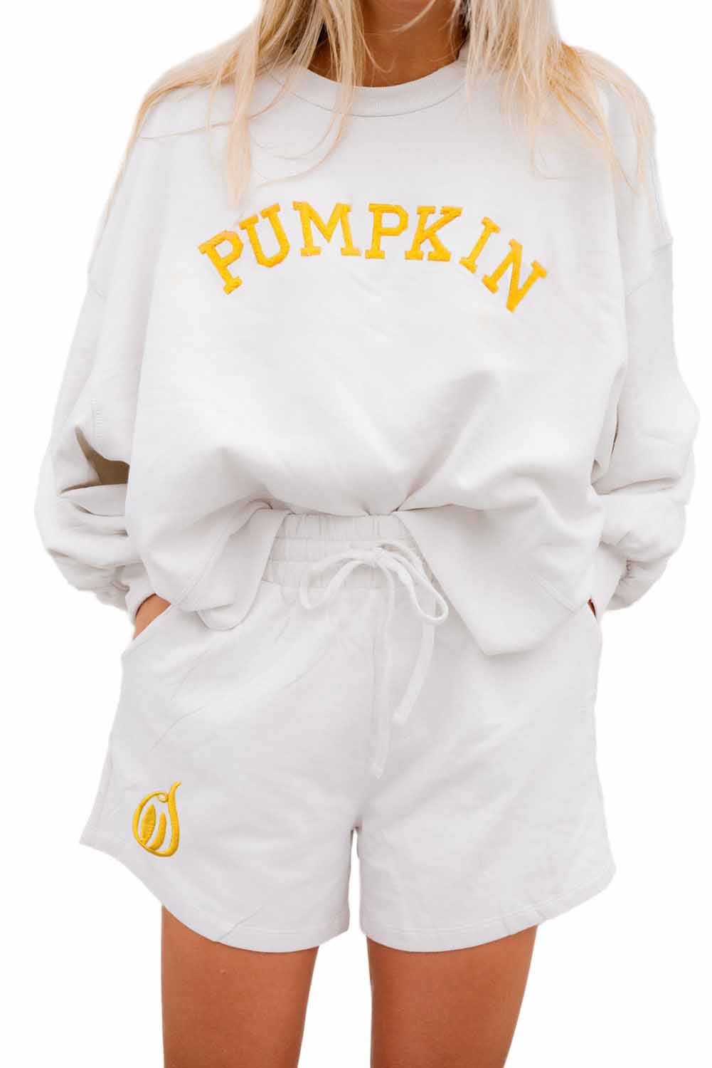 White PUMPKIN Flocking Graphic Pullover Sweatshirt and Shorts Set