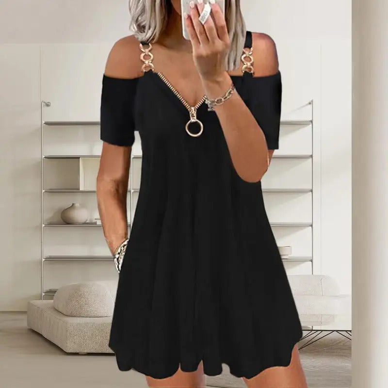 2023 Summer New Fashion Short Sleeve Solid Color Metal Zipper V Neck Casual Loose Mini Dress Loose Plus Size