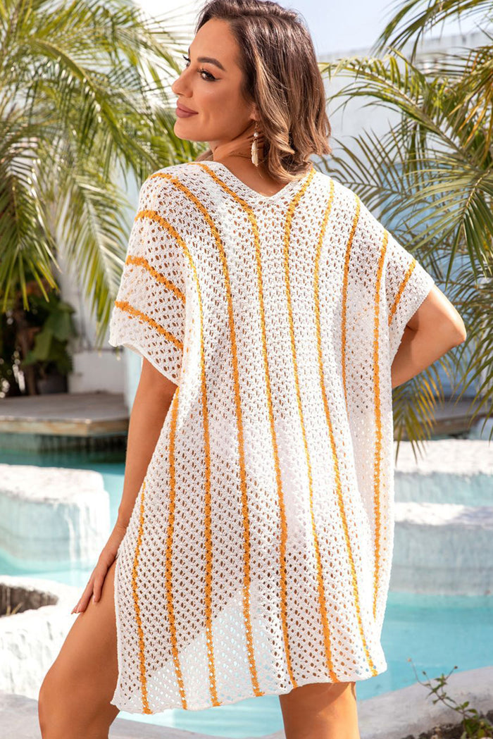 White Striped Crochet Loose Fit V Neck Beach Cover Up