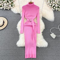 YuooMuoo Ins Hot Turtleneck Sexy Wrap Hips Knitted Dresses Women 2023 Autumn Winter Long Sleeve Bodycon Sweater Dress with Belt