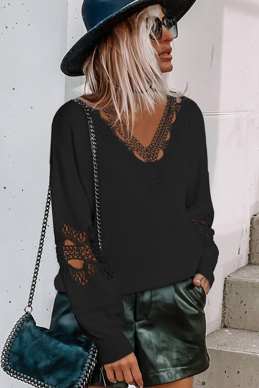 Black Hollowed Lace Splicing V Neck Loose Sweater