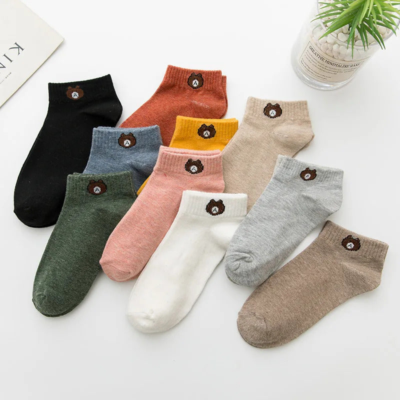 10 Pairs Women Low Tube Socks Set Cute Bear Pattern Fashion Breathable For Female Casual Style Comfortable Socks