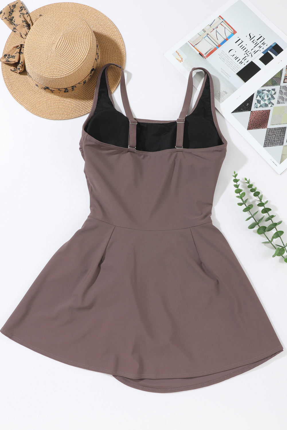 Coffee Knotted Split Skirt One Piece Swim Dress