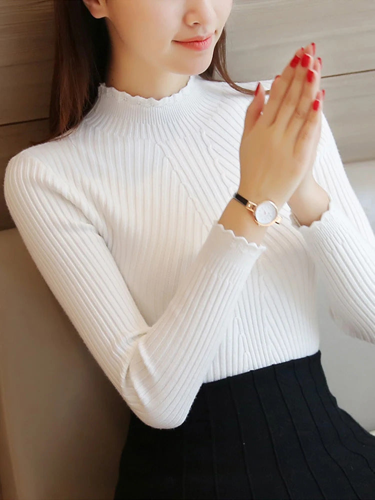 2024 Autumn Women Mock Neck Ruffles Sweater Long Sleeve Knitted Bottoming Solid Pullovers Stripe Women Casual Sweater Winter