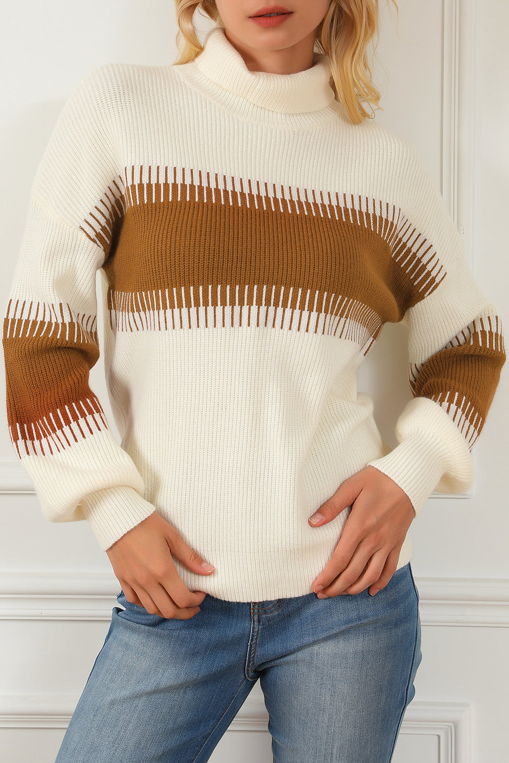 White Printed Patchwork Turtle Neck Knitted Sweater