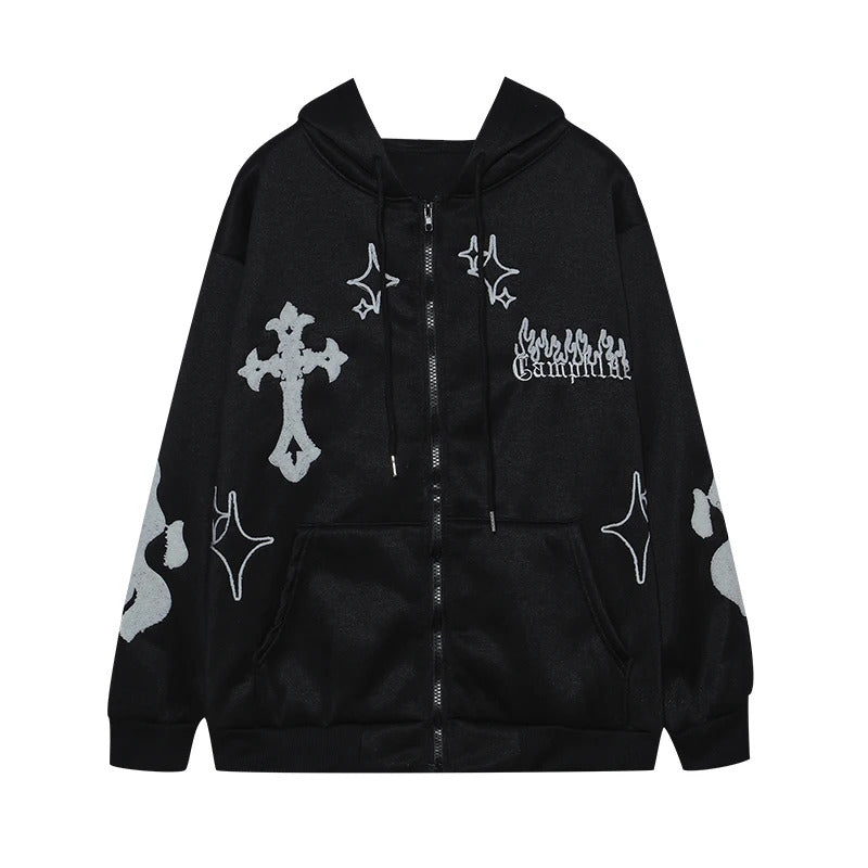 Europe and the United States Autumn and Winter Hoodie Embroidered Cross Fire Jacket Plus Cashmere Lovers Loose Sweater