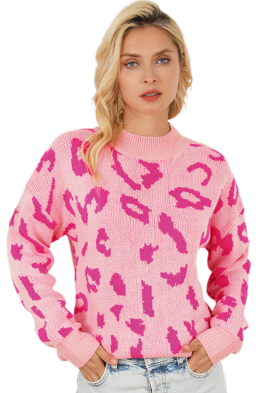 Bonbon Leopard Pattern Mock Neck Ribbed Trim Sweater