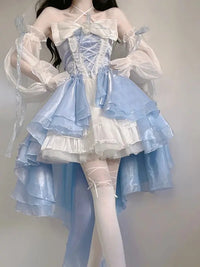 French Romantic Style Lolita Op Elegant Girl Cosplay Princess Puff Sleeve Ribbon Bowknot Flower Tunic Mesh Fantastic Fairy Dress