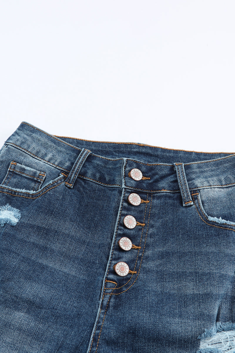 Blue Distressed Button Fly High Waist Skinny Jeans