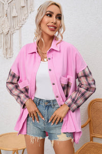 Black Plaid Patchwork Chest Pockets Oversized Shirt Jacket