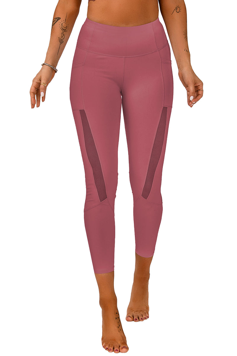 Pink Mesh Side Splicing High Waist Yoga Sports Leggings with Phone Pocket