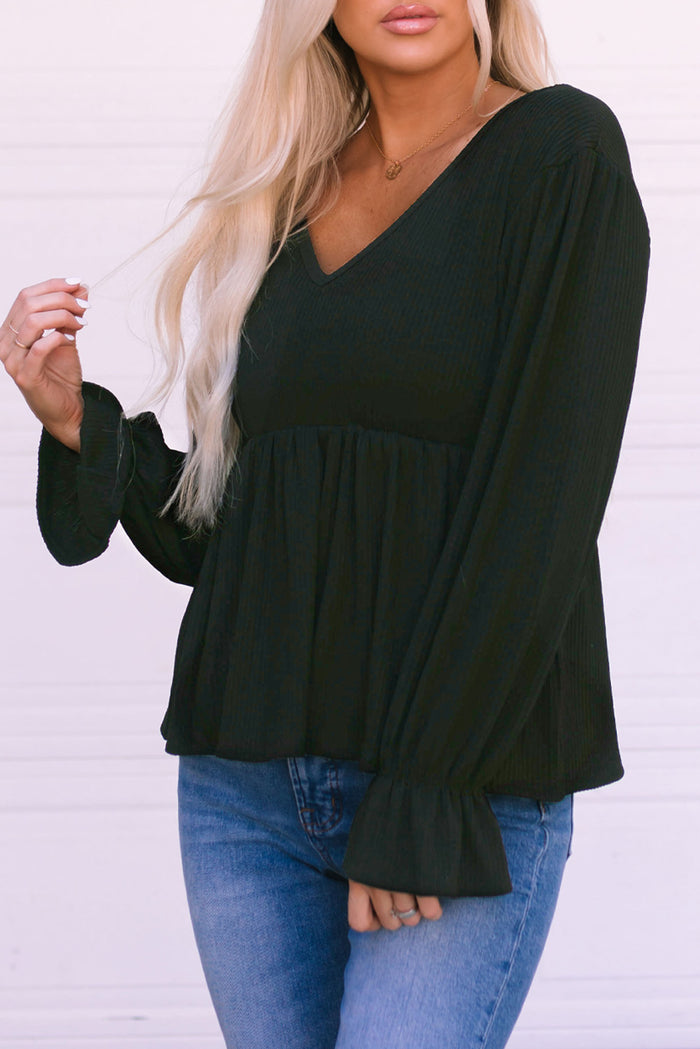 Black Pleated Ruffled V Neck Babydoll Top