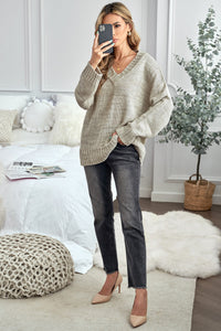 Khaki V neck Drop Shoulder Knitted Sweater