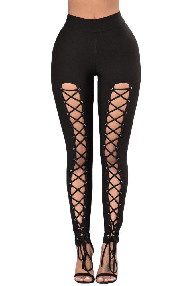 Black Grommet Lace Up Front Leggings