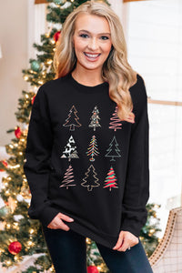 Black Christmas Tree Graphic Print Crew Neck Sweatshirt