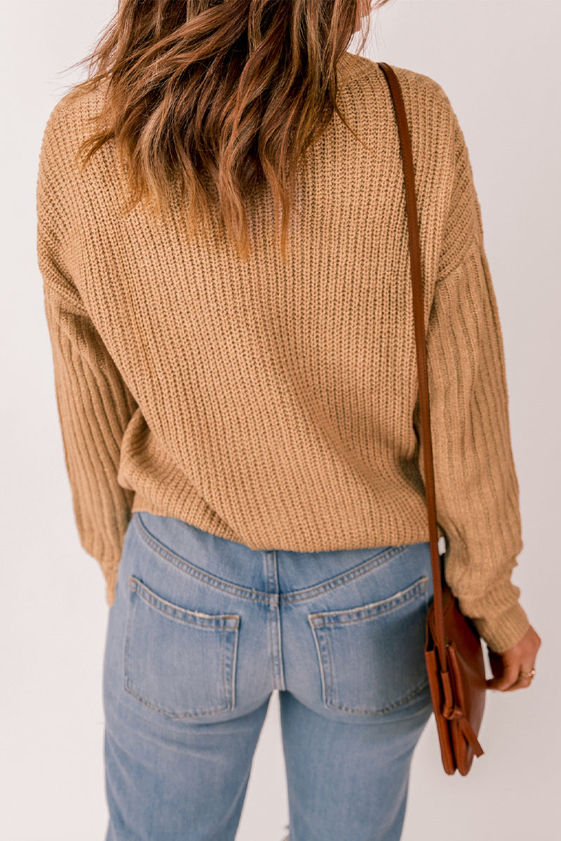 Khaki Multiple Pattern Knit Drop Shoulder Sweater