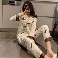 Women Plus Size Pajamas Silk Long Sleeve School Loungewear Two-Piece Fashion Webbing Chain Pattern Trouser Set Sexy Sleepwear