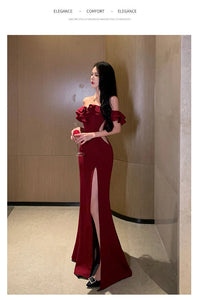 Sexy Bodycon Long Dresses for Women Wedding Evening Party Prom Robe Ruffles Slash Neck High Split Hollow Out Summer New Vestido