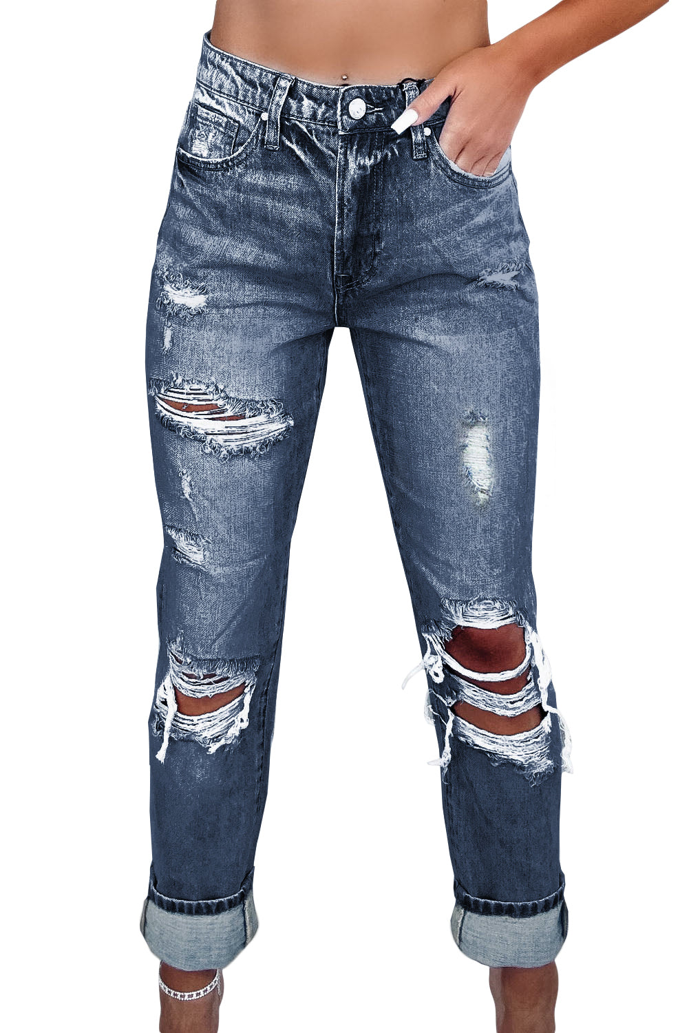 Navy Blue Light Wash Frayed Slim Fit High Waist Jeans