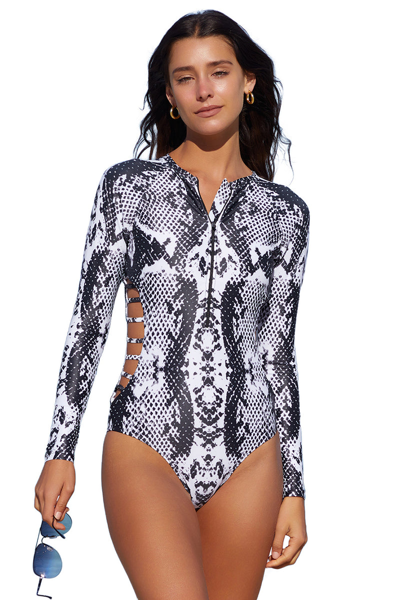 Green Leopard Print Zipper Cut-out Rash Guard Swimsuit