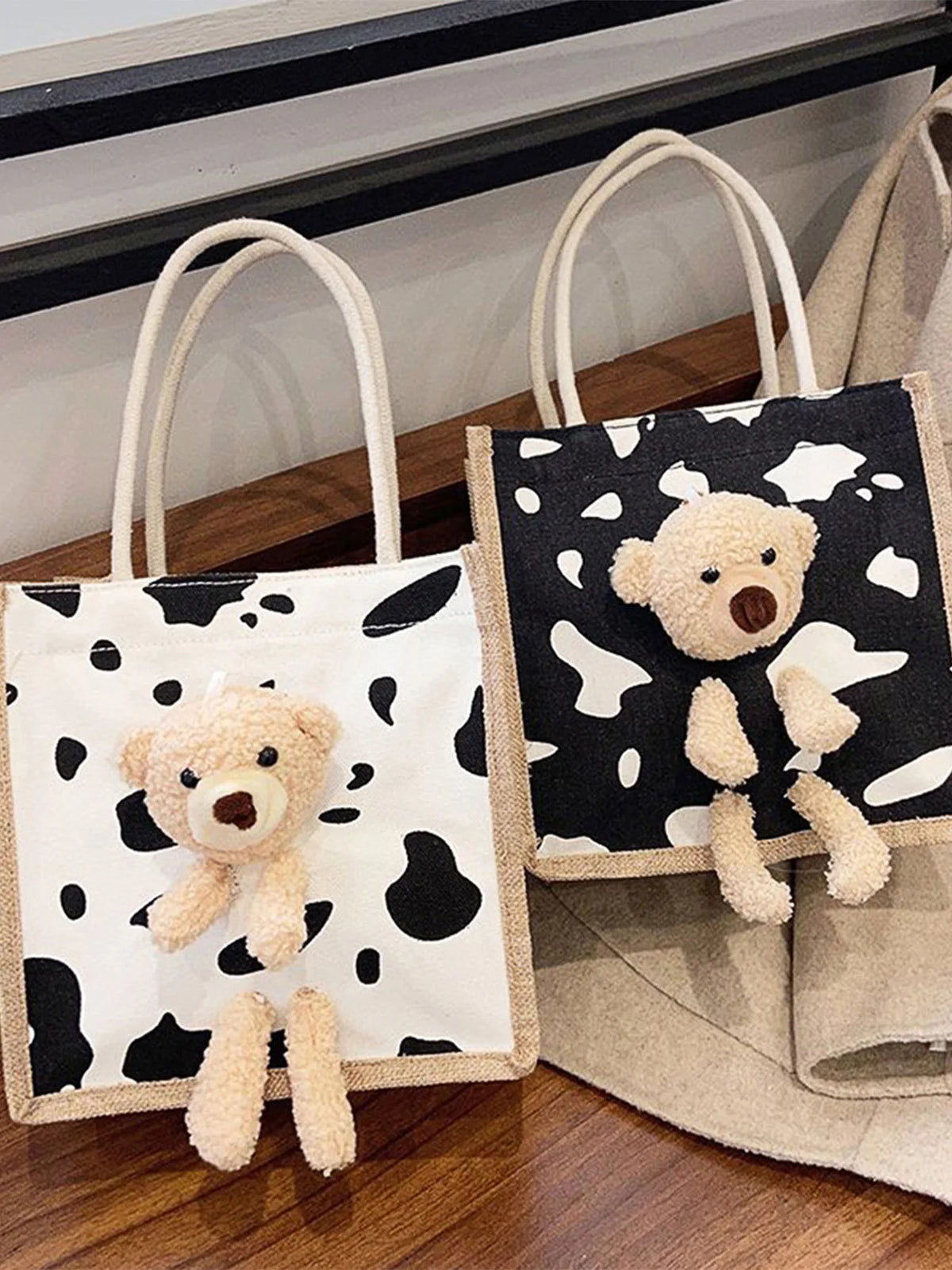 Cute Bear Tote Bag Canvas Girls Bag Student Coin Purse Gift Bag Simple Fashion Canvas Bag Canvas Bag Hand Shopping Tote Bag-ll