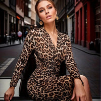 2024 Autumn/winter New Women's Long Dress Sexy Leopard Print V-neck Long Sleeve Tight Slit Bag Hip-covering Skirt Hottie Style